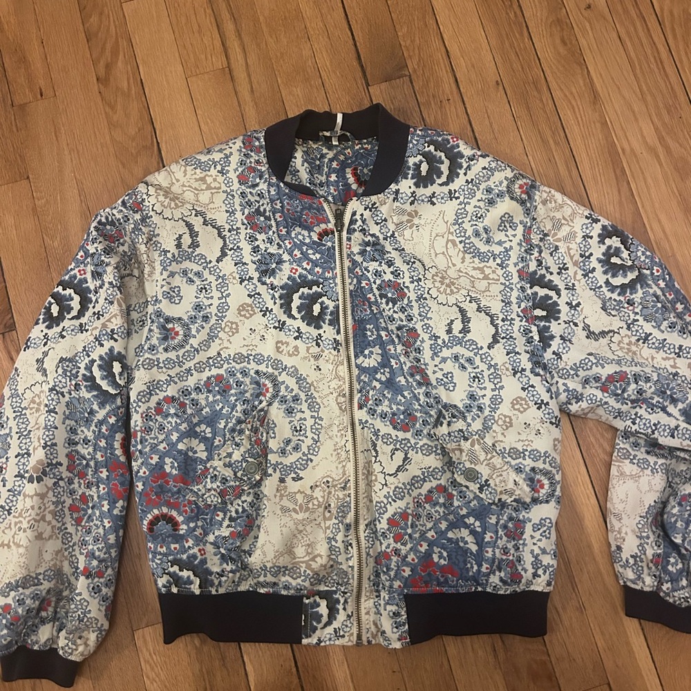 Free People Blue and White Paisley Bomber Jacket